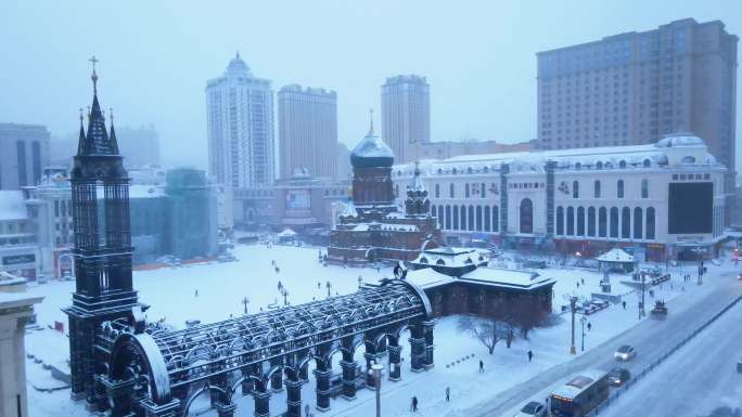 哈尔滨亚冬会雪景素材城市航拍冬季冬天素材