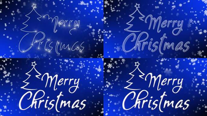 圣诞快乐，文字被明亮的闪光显示。蓝色的背景，慢慢飘落的雪。圣诞节的概念。节日快乐。圣诞树