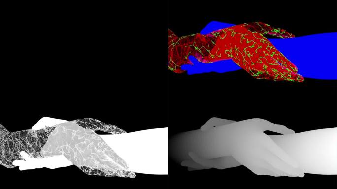 人类的手与数字人工智能的手相扣，象征团结合作。概念:人类与人工智能的伙伴关系。增强了效果通道。