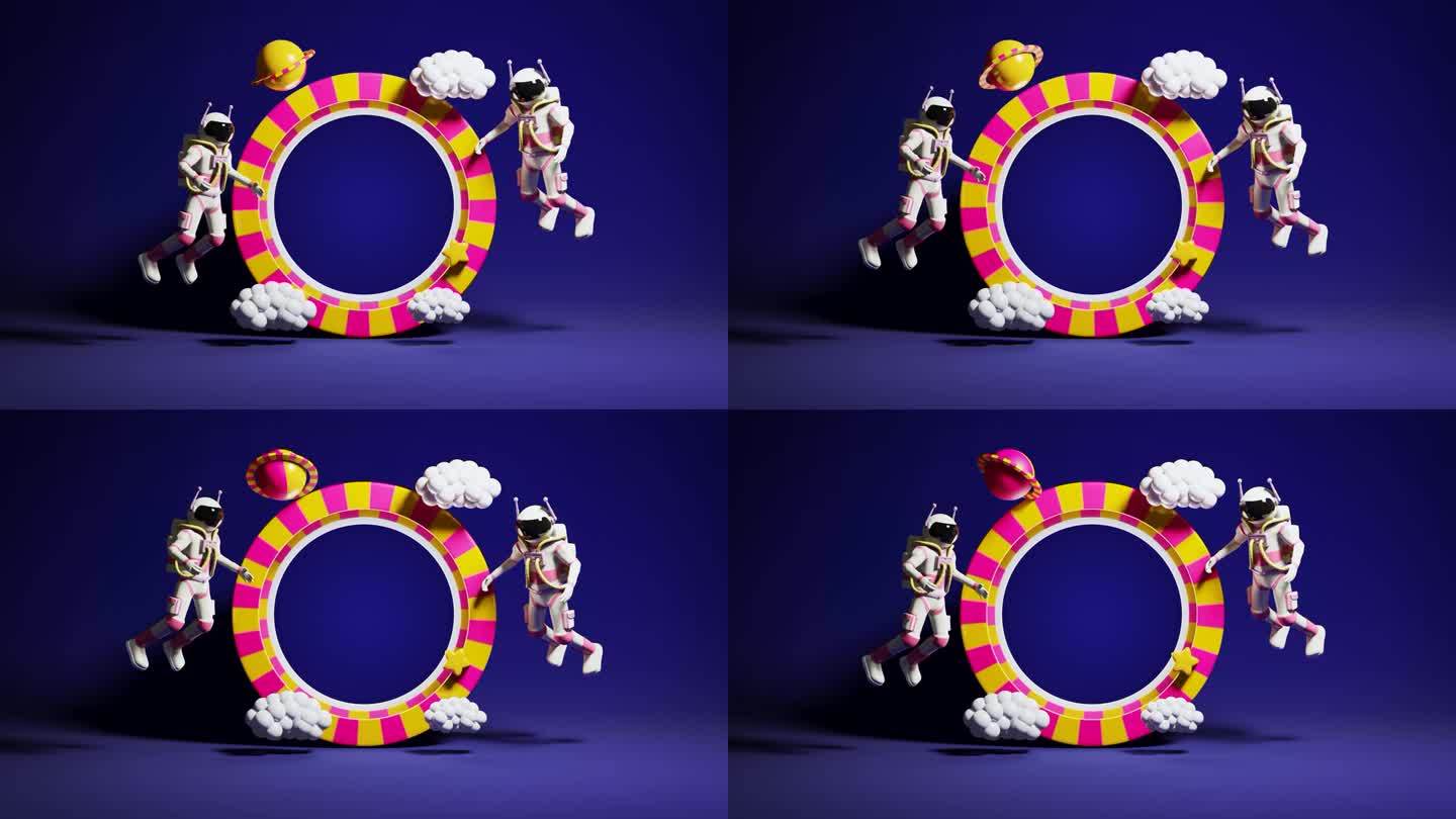 一个宇航员漂浮在空中，看着一个旋转的圆形物体的3D动画插图。适合放置标志的视频