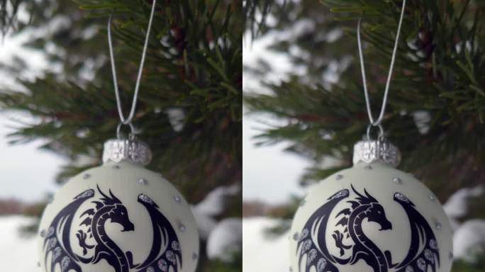 象征2024年龙。在公园里装饰了一棵白雪覆盖的圣诞树。圣诞快乐，新年快乐。自然装饰着新年的玩具。