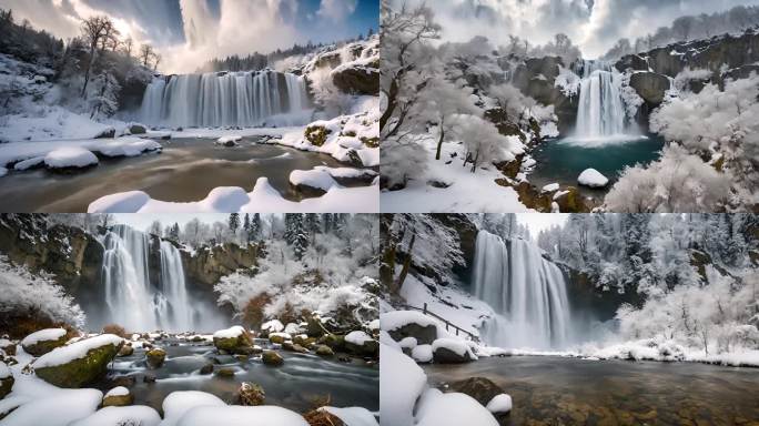 冬天冬季瀑布流水下雪雪天雪地