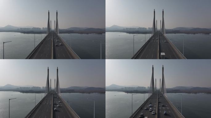 航拍襄阳汉江卧龙大桥斜拉索桥交通城市风光