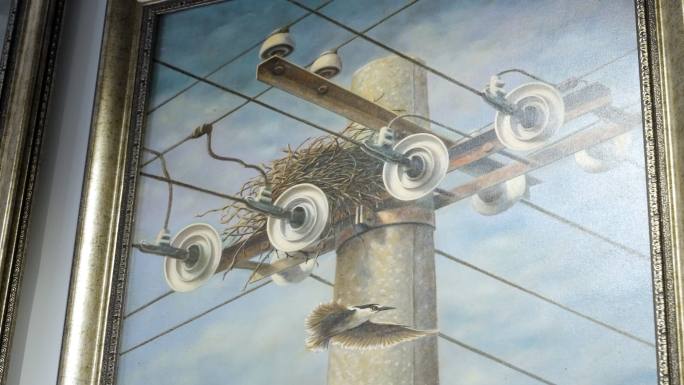 油画电线杆和鸟巢