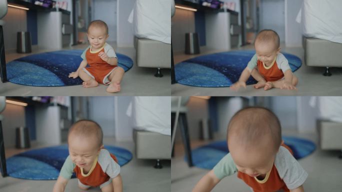 快乐的幼儿时代:可爱的亚洲男婴在舒适的家庭环境中的发现。