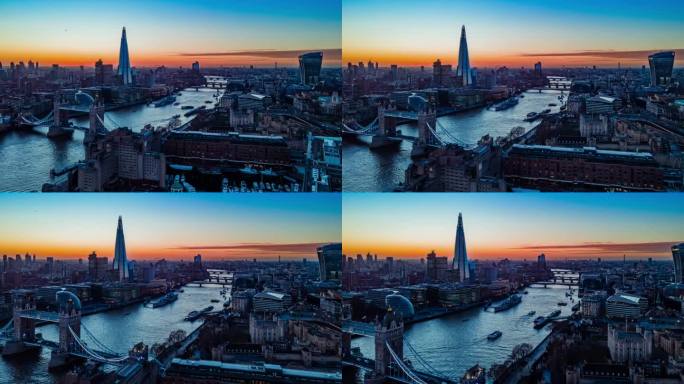 黄昏时分，泰晤士河上的船只在伦敦的城市景观中进行超延时拍摄