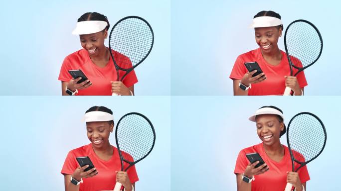 网球，女人和手机在体育应用的工作室，在线表情包或互联网滚动与技术和笑声。健身、社交媒体和用智能手机进