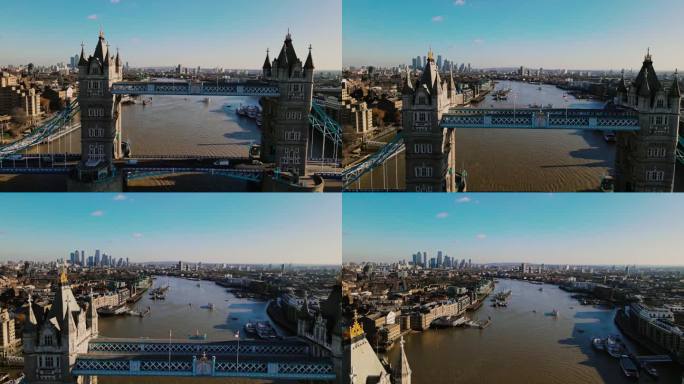 塔桥上阳光明媚的泰晤士河和伦敦的城市景观