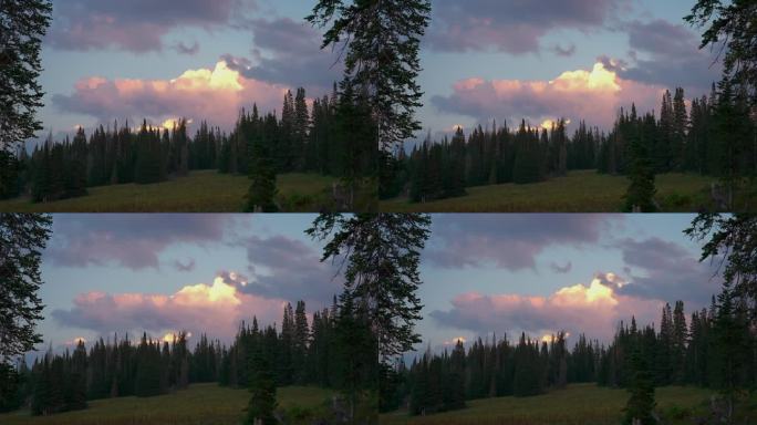 冷杉树在山与彩色日落天空。间隔拍摄