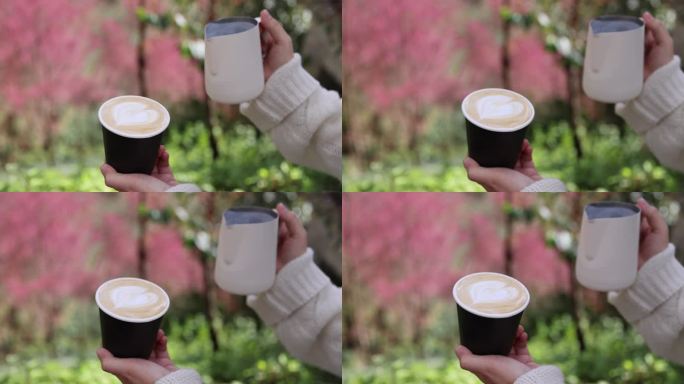 樱花树下咖啡师制作咖啡拉花升格慢镜