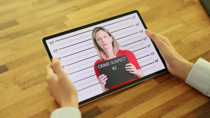 女子在现代平板电脑上看犯罪嫌疑人的照片
