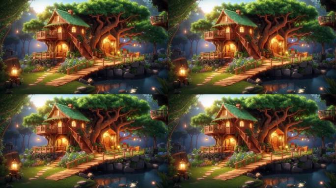 4K卡通动漫动画三维童话森林村庄背景