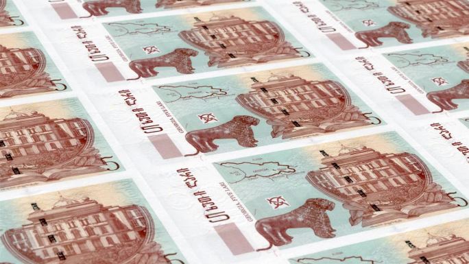 格鲁吉亚格鲁吉亚拉里5钞票印钞厂，印刷五格鲁吉亚拉里，印刷机印刷出格鲁吉亚拉里，由货币印刷机印刷5格