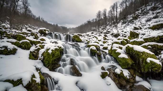 冬天冬季瀑布流水下雪雪天雪地