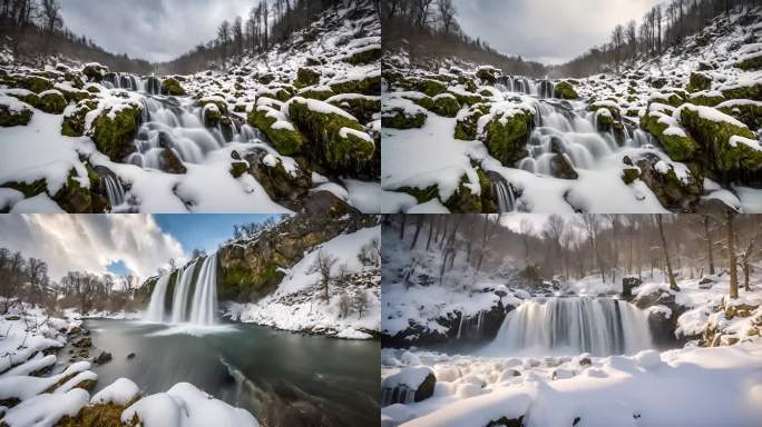 冬天冬季瀑布流水下雪雪天雪地