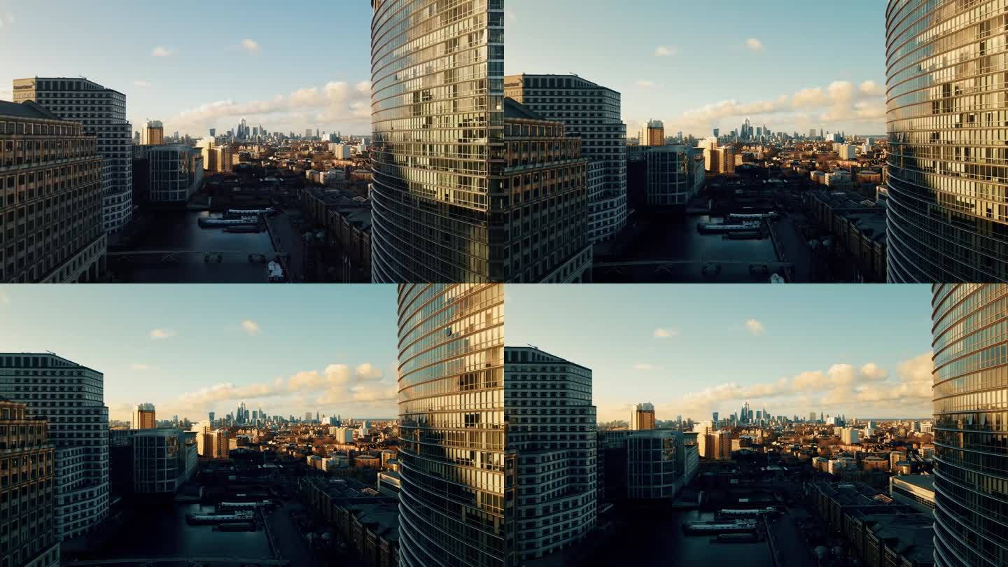 无人机从阳光明媚的伦敦高层建筑的角度拍摄