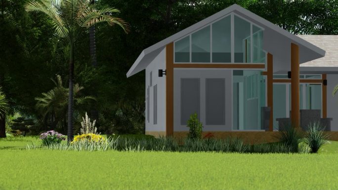 三维别墅模型，1层的房子，有游泳池和室内装饰，有客厅。外面有几间卧室和一个花园。现代风格。