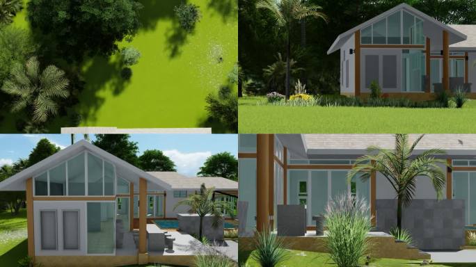 三维别墅模型，1层的房子，有游泳池和室内装饰，有客厅。外面有几间卧室和一个花园。现代风格。