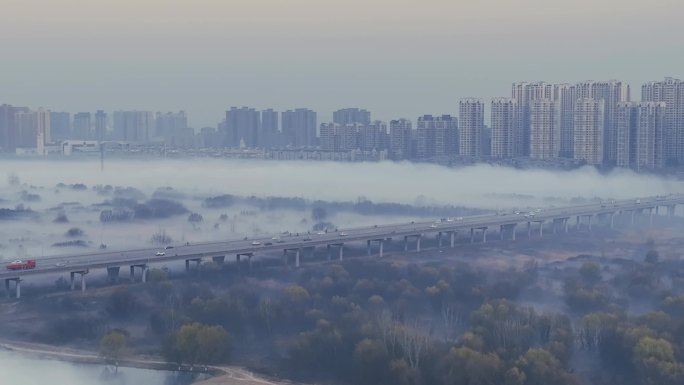 航拍晨雾中的陕西省西安市浐灞湿地-8