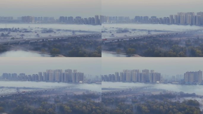 航拍晨雾中的陕西省西安市浐灞湿地-8