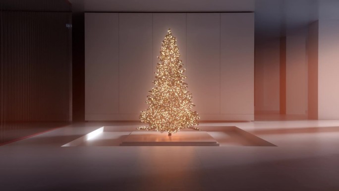 一个节日的中心装饰在当代设置-圣诞树发光的灯，铸造一个舒适的氛围。