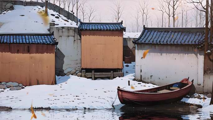 农村房屋雪地秋季落叶