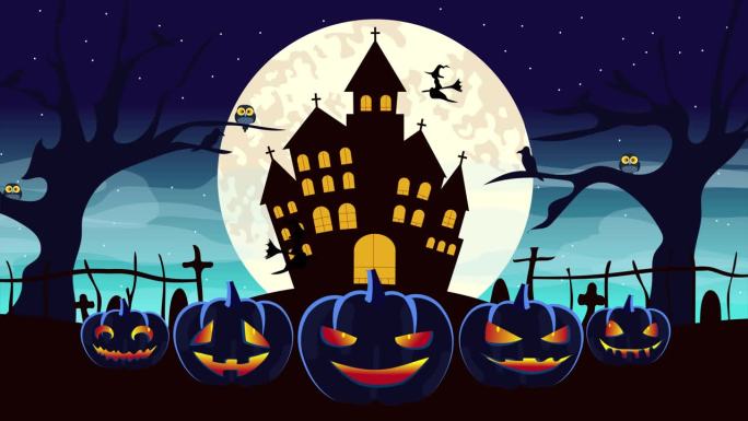İt的万圣节之夜，有邪恶的南瓜、蝙蝠和一个闹鬼的城堡作为背景，还有满月。2d动画，万圣节4K分辨率。