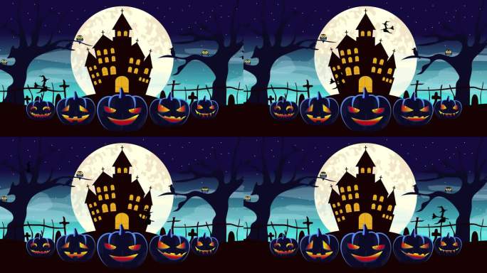 İt的万圣节之夜，有邪恶的南瓜、蝙蝠和一个闹鬼的城堡作为背景，还有满月。2d动画，万圣节4K分辨率。