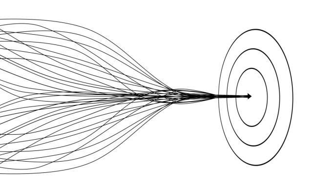 商业团队合作的目标概念，以直线形式和箭矢击中目标。白底动画