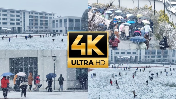 【4K】航拍学生雪天玩雪堆雪人打雪仗快乐