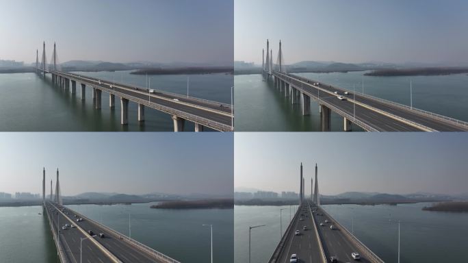 航拍襄阳汉江卧龙大桥斜拉索桥交通城市风光