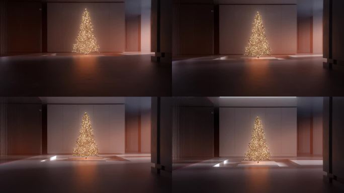 一个现代的客厅，装饰着一棵闪闪发光的圣诞树，被光芒四射的灯光包裹着，散发着节日的魅力。”
