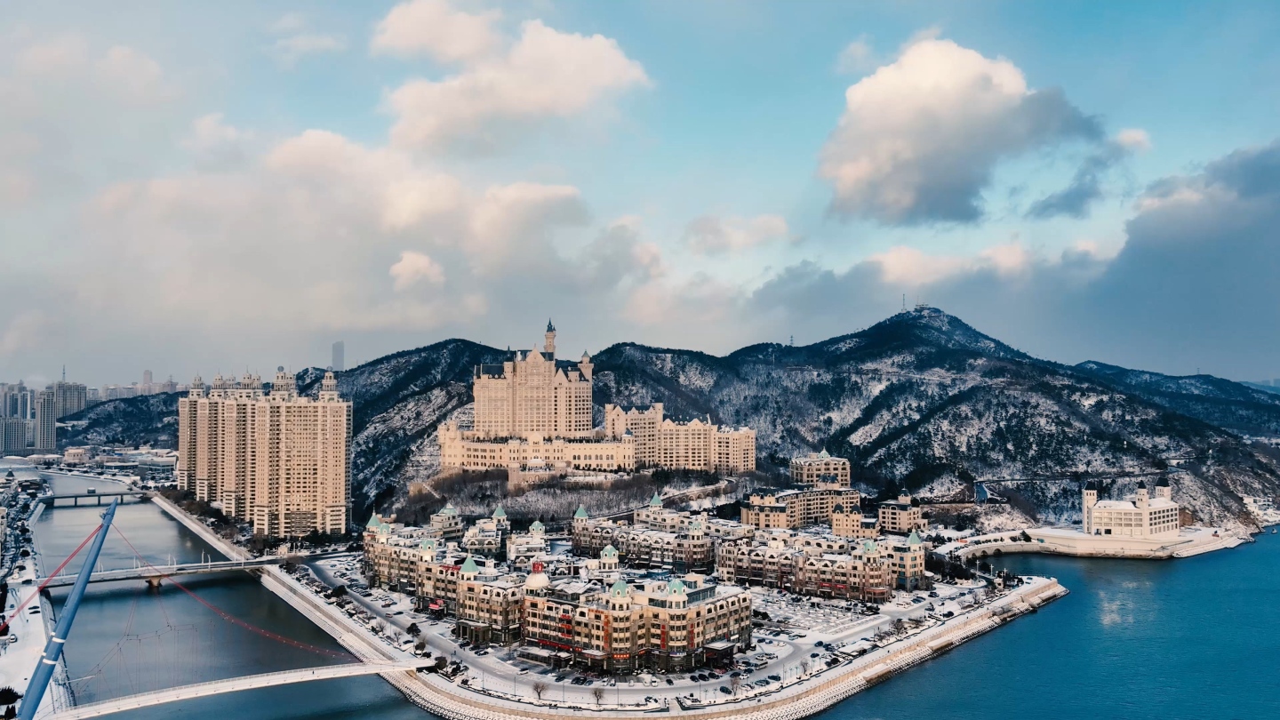 大连星海 跨海大桥 城堡酒店 东港雪景