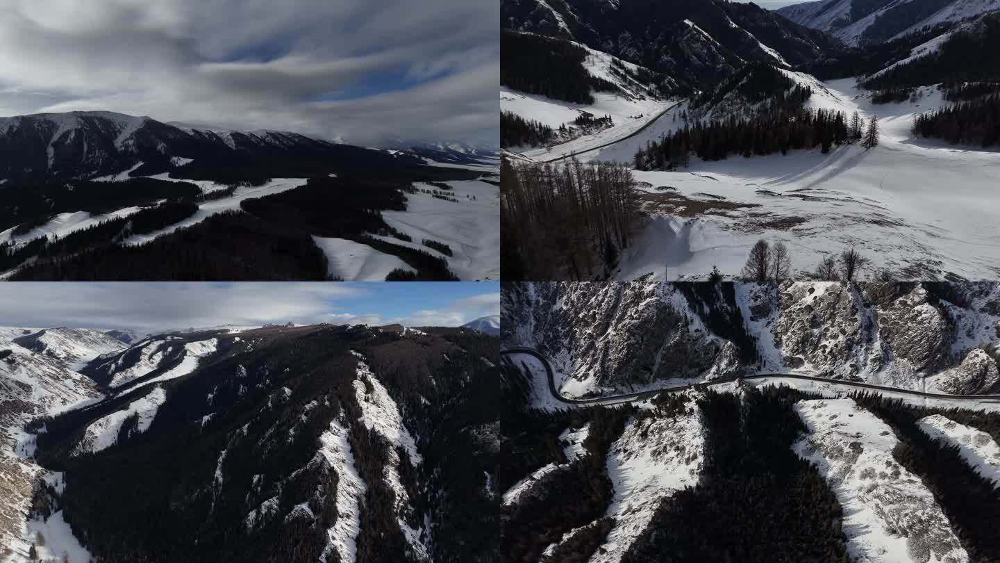 新疆天山冬季航拍雪山林海雪原