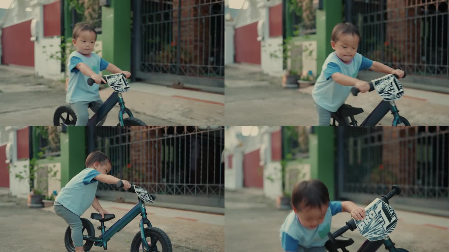 探索城市街道:快乐的亚洲孩子骑着小自行车拥抱积极的生活方式。