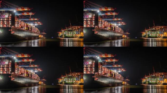 集装箱船在工业港口的夜晚
