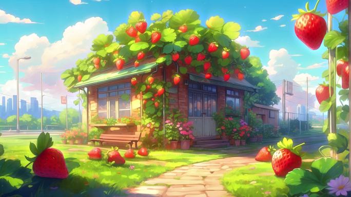 4K唯美梦幻卡通动漫艺术草莓农场背景