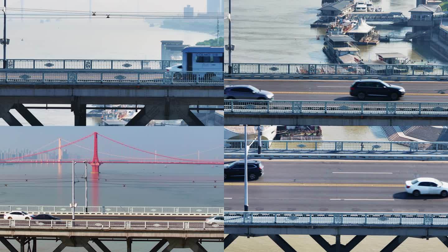 航拍长江大桥公交车