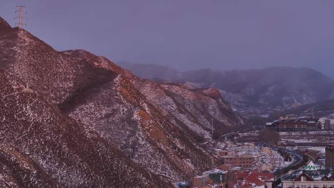 雪后晴天夕阳城市景色风光航拍