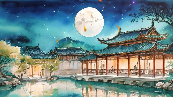 秋季落叶中式水墨画背景素材