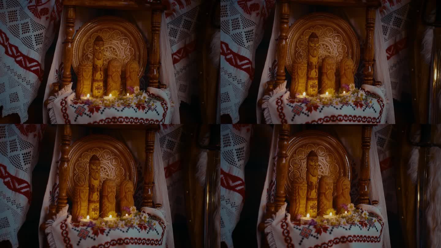 古代房屋内部斯拉夫诸神木制偶像和蜡烛，特写，4K, Prores