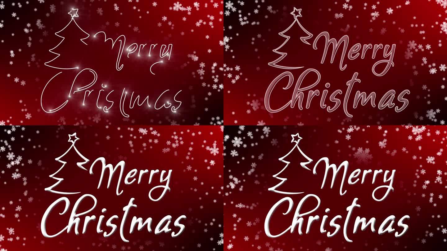 圣诞快乐，文字被明亮的闪光显示。红色的背景，慢慢飘落的雪。圣诞节的概念。节日快乐。圣诞树