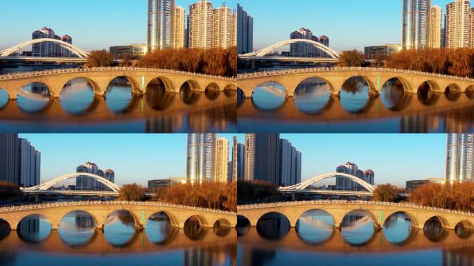 4K航拍临沂市凤凰广场涑河九孔桥风景