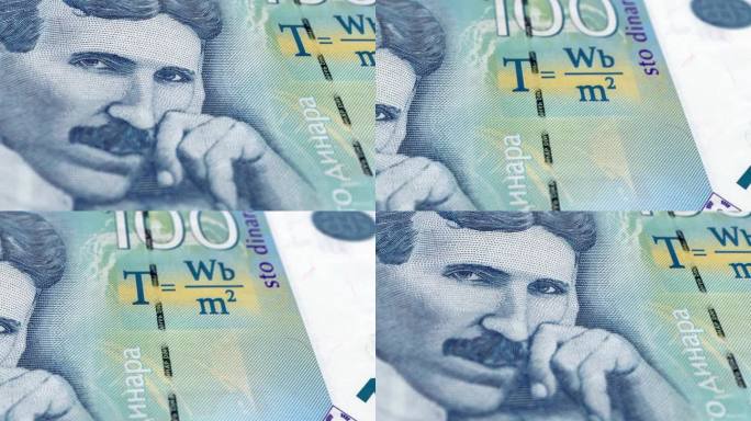 塞尔维亚第纳尔100钞票，100塞尔维亚第纳尔，塞尔维亚第纳尔的特写和宏观视图，跟踪和多莉拍摄100