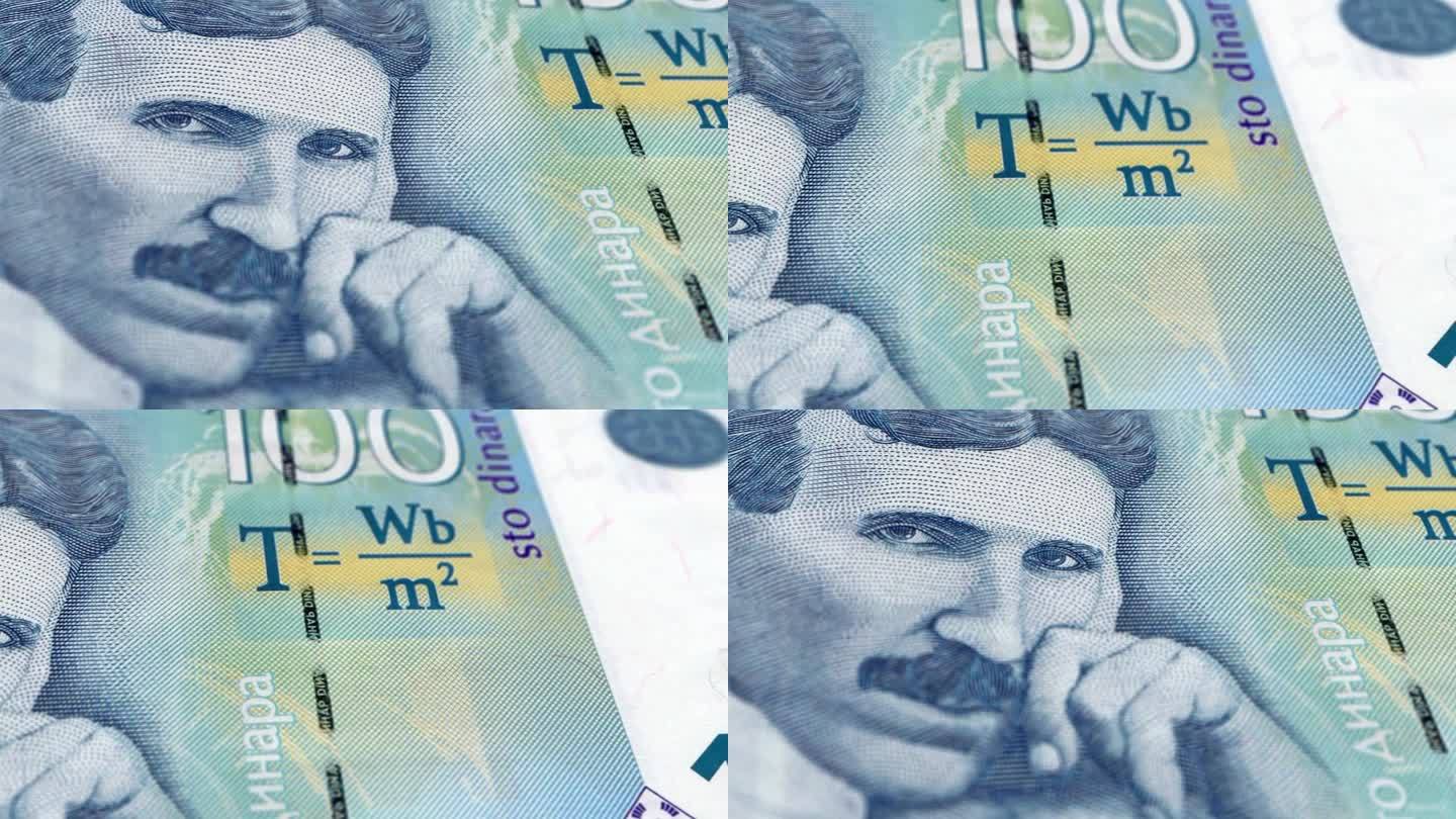 塞尔维亚第纳尔100钞票，100塞尔维亚第纳尔，塞尔维亚第纳尔的特写和宏观视图，跟踪和多莉拍摄100