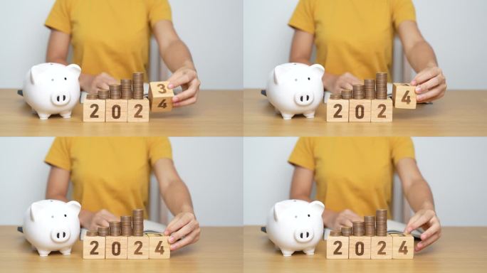 新年快乐，用存钱罐把2023换成2024块。决心，目标，计划，行动，存钱，退休基金，养老金，投资和金
