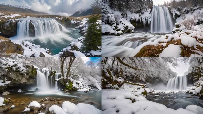 冬天冬季瀑布流水下雪雪天雪地