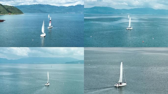 湖水中白色帆船-4K