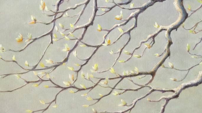 油画发芽树枝和鸟巢