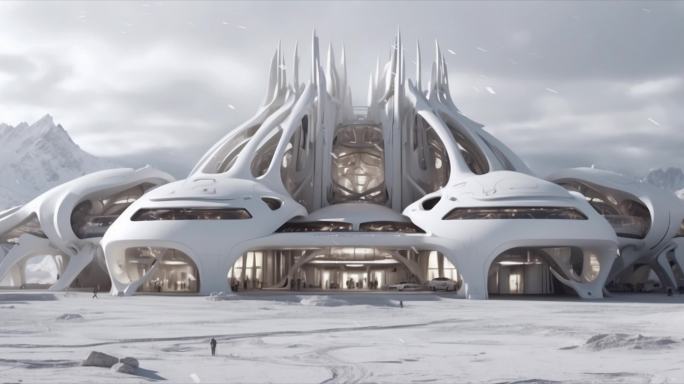 6K科幻未来世界建筑雪山下雪雪景背景